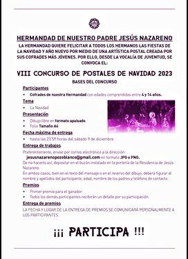 Para los Hermanos de la Hdad <a href="/JHSNazarenoPozo/">Nazareno Pozoblanco</a> de #Pozoblanco entre 4 y 14 años: todavía hay plazo para presentar trabajos al concurso de postales de Navidad. Todas las bases en la foto. <a href="/ccyhhpozoblanco/">CCyHH de Pozoblanco</a> <a href="/COPEPozoblanco/">COPE Pozoblanco</a> <a href="/PozoblancoTV/">Canal 54 Pozoblanco</a> <a href="/ElQuincenal/">El Quincenal de Los Pedroches</a> <a href="/Mini_SSanta21/">mini_semanasanta22</a> <a href="/Hoyaldia_com/">Hoyaldia.com</a>