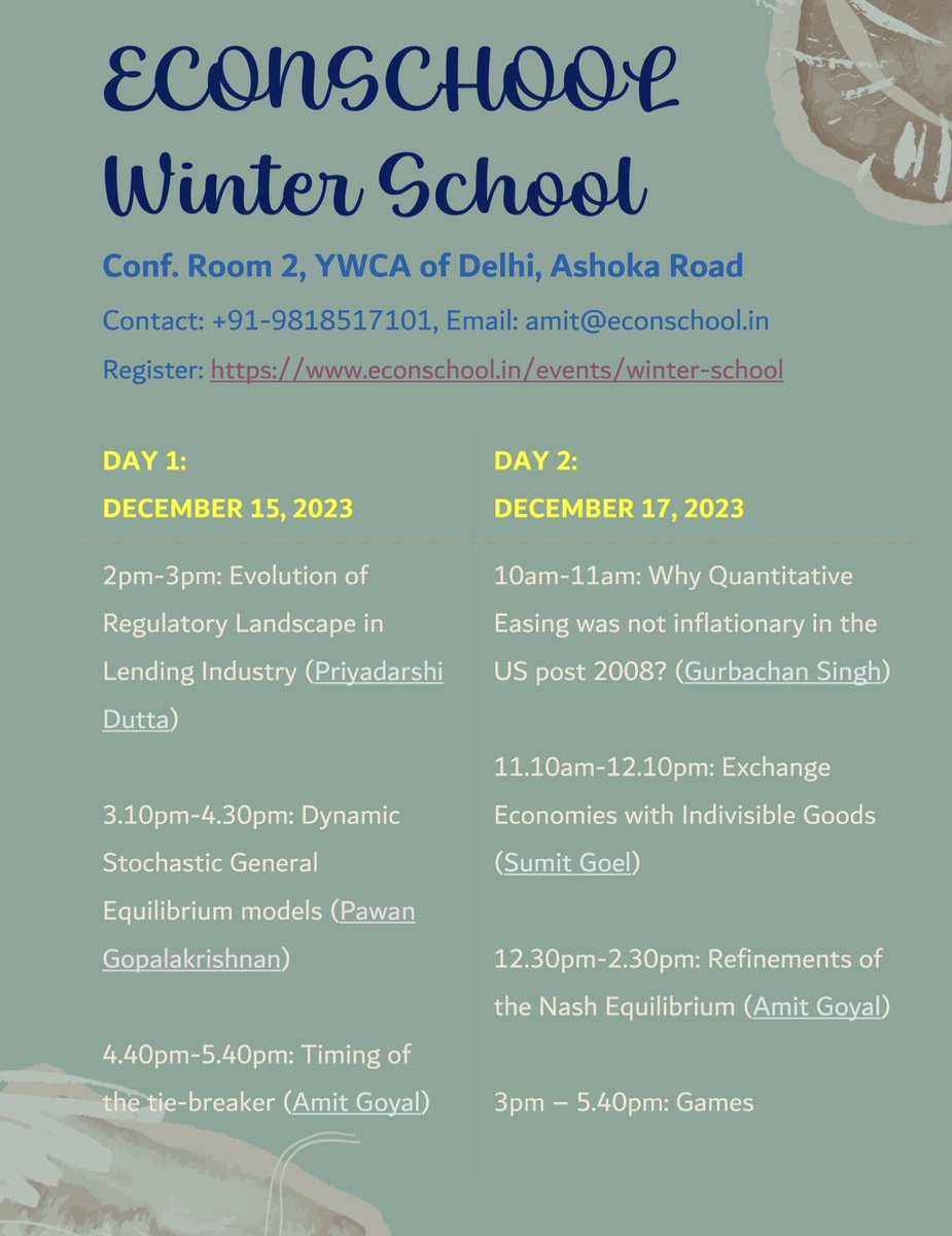 amit_k_goyal's tweet photo. The first Econschool Winter School will take place in December this year. The speakers in this inaugural event include Priyadarshi Dutta, Dr. Sumit Goel , Dr. Pawan Gopalakrishnan, Amit Goyal, and Prof. Gurbachan Singh. The event will feature seminar talks, career discussions, lectures, and games. We have included 'Kaun Banega Econscholar' as one of the games. It will be a quiz-based game show featuring visualization questions on Economics, Mathematics, and Statistics, with an opportunity to win some prizes. It presents a great opportunity for students, teachers, and professionals interested in Economics. The Winter School will be offered in a hybrid mode, allowing participants to attend either in person or online, depending on their preference. To register, please visit: https://t.co/UHq5MZhh4a
@Econschool2 @sumitgoel8 @pawan8ad @gurbachan_econ 
#econschool