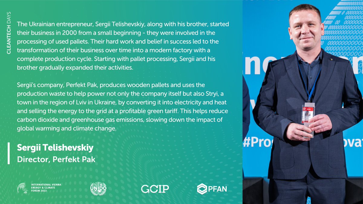 We’re excited to present an #innovator helping to power #Ukraine through #cleantech: Sergii Telishevskiy & his solution, Perfekt Pak lnkd.in/gTj6U29a

He joined us for the #CleantechDays & #IVECForum23 & received one of the @UNIDO's #Climate Awards! lnkd.in/eNZB6D9Z