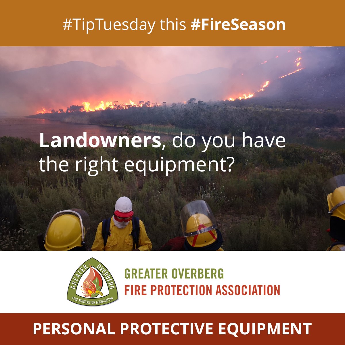 Landowners, all farm team members should have their personal protective equipment ready, including: ✔ Leather boots ✔ Leather gloves ✔ Overall, safety wear or jeans (100% cotton) ✔ Bottle of drinking water ✔ Torch at night More here: overbergfpa.co.za/the-right-equi…