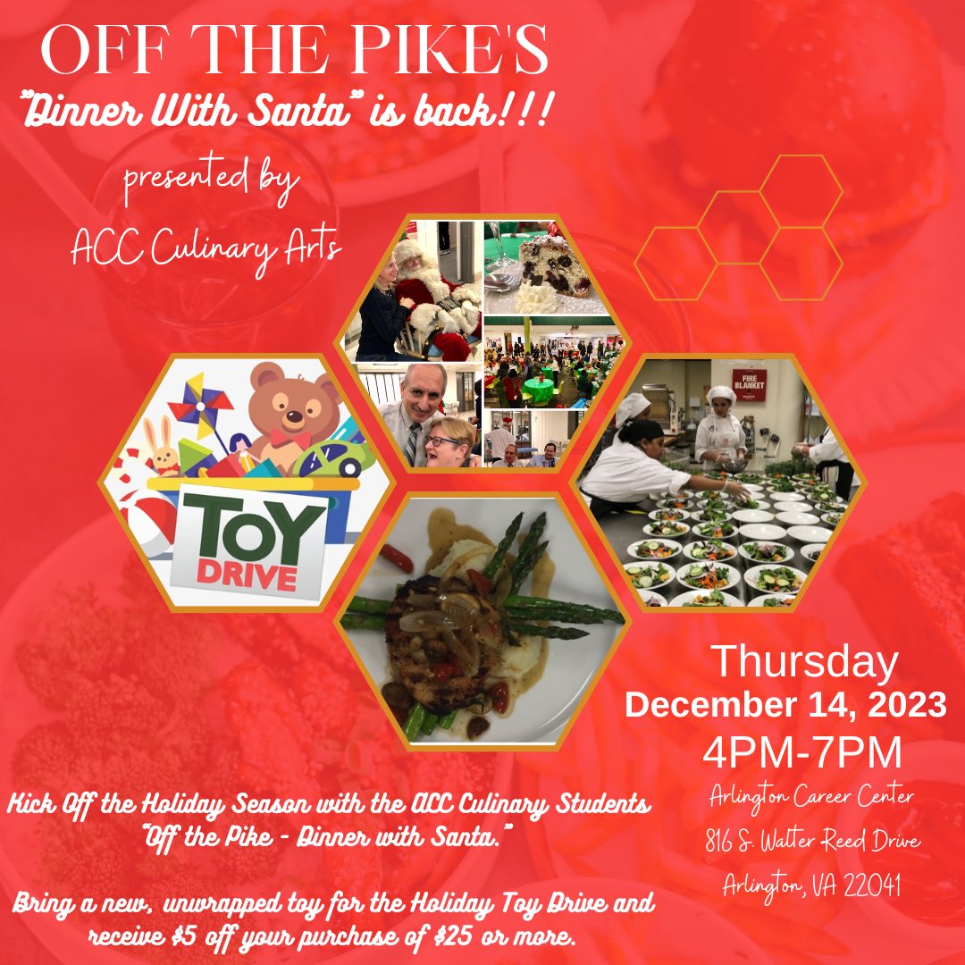 Mark your calendar for our pop-restaurant event, Off the Pike!

Thursday, Dec. 14th from 4pm-7pm, join us for Dinner with Santa!

<a href="/APSVirginia/">Arlington Public Schools</a> 
<a href="/APSCareerCenter/">Arlington Career Center</a> 
<a href="/ChefRandi14_ACC/">Renee Randolph</a> 
<a href="/APS_CTE/">Arlington CTE</a>