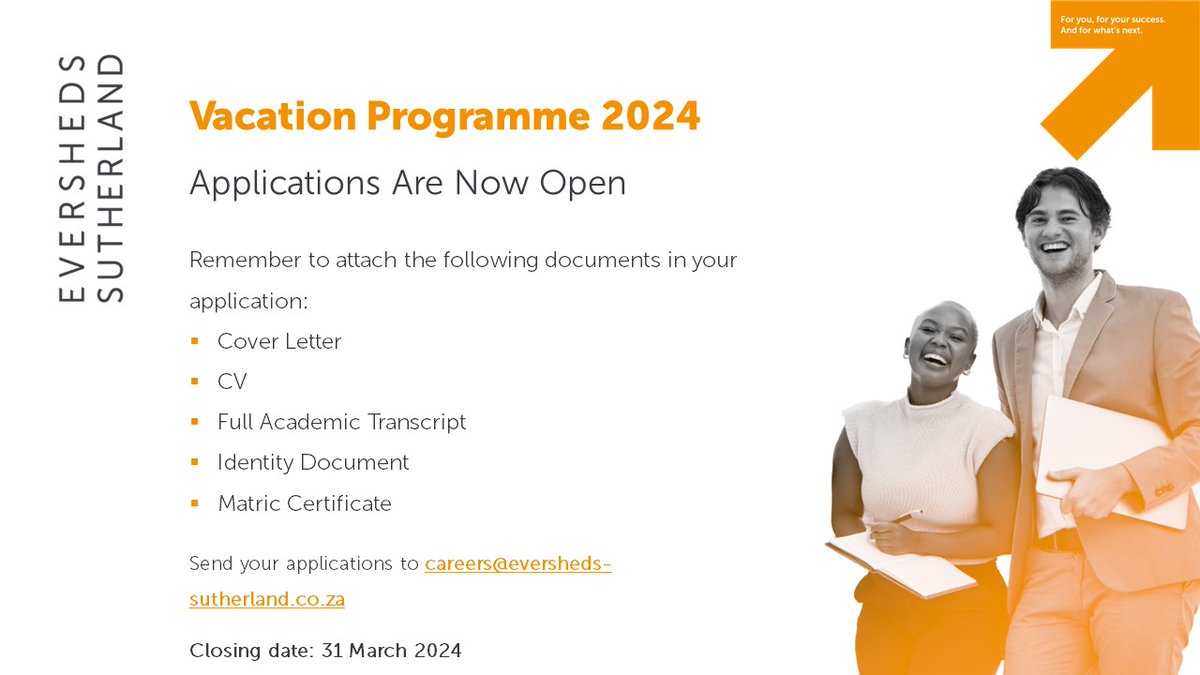 Announcement: Vacation Programme Applications Are Open - Apply now.

Check out our latest video to find out what our 2023 vacation work candidates had to say about their experience at Eversheds Sutherland: bit.ly/47FdGXV

#hiring #VacWork #futurelawyer #southafrica