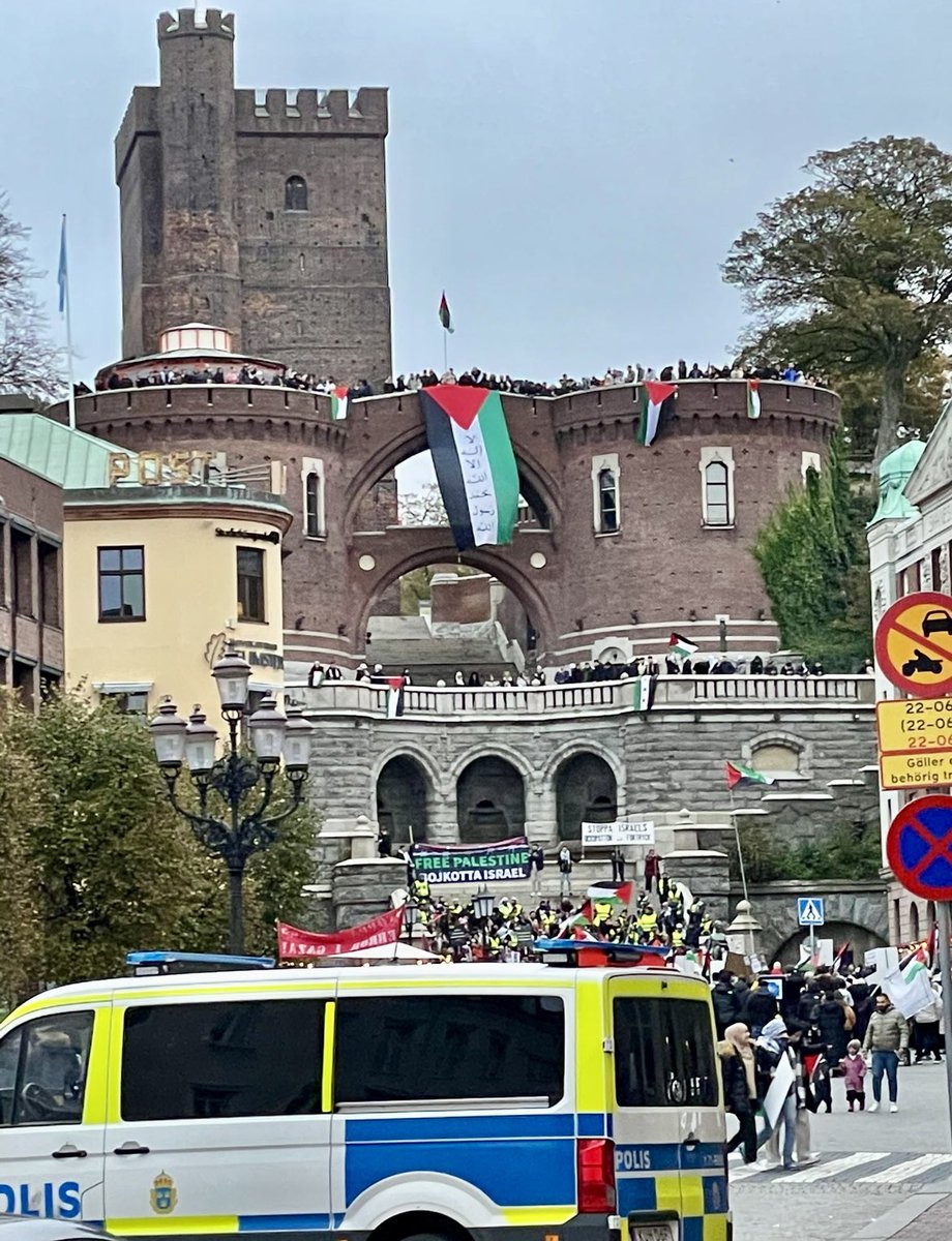 En främmande gatubild i Helsingborg… men numera återkommande över hela väst. Som på en given signal fylldes städerna med jublande islamister o vänsterfolk som skanderade befrielse genom grövsta formen av antisemitism o utropade krig -Jihad mot våra demokratier. 
INGEN moteld…