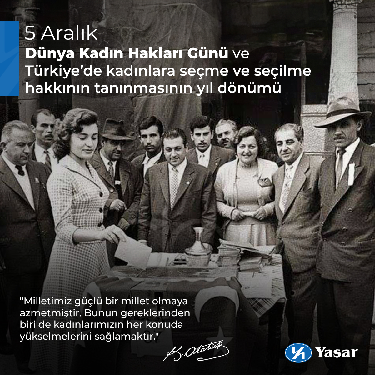 5 Aralık Dünya Kadın Hakları Günü ve Türkiye’de kadınlara seçme ve seçilme hakkının tanınmasının yıl dönümünü kutluyoruz! #YaşarHolding #YaşarTopluluğu #DahaİyiBirYaşamİçin #İyiBakıyoruz #DünyaKadınHaklarıGünü