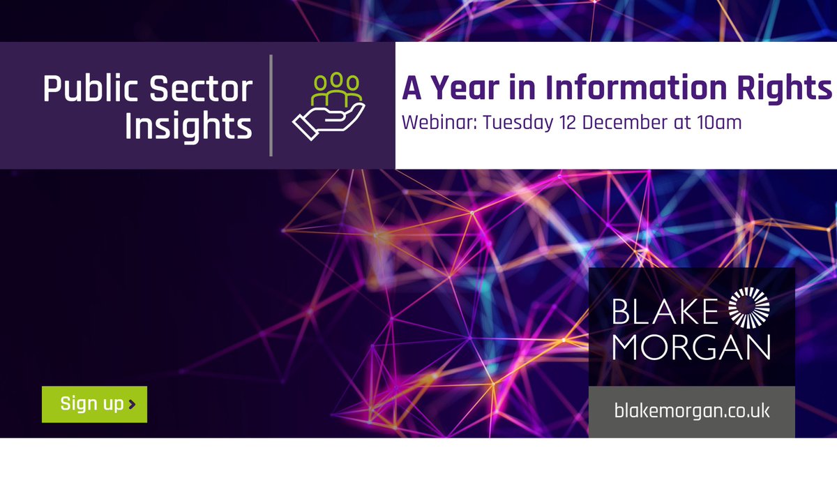 If you are involved in #InformationGovernance in the public or 3rd sector, December’s #PublicSectorInsights webinar is for you. 

<a href="/TomLewisBM/">Tomos Lewis</a> will be joined by a guest speaker from <a href="/ICOnews/">ICO - Information Commissioner's Office</a> to review the year in #InformationRights on 12 Dec. Sign up here: blakemorgan.co.uk/public-sector-…