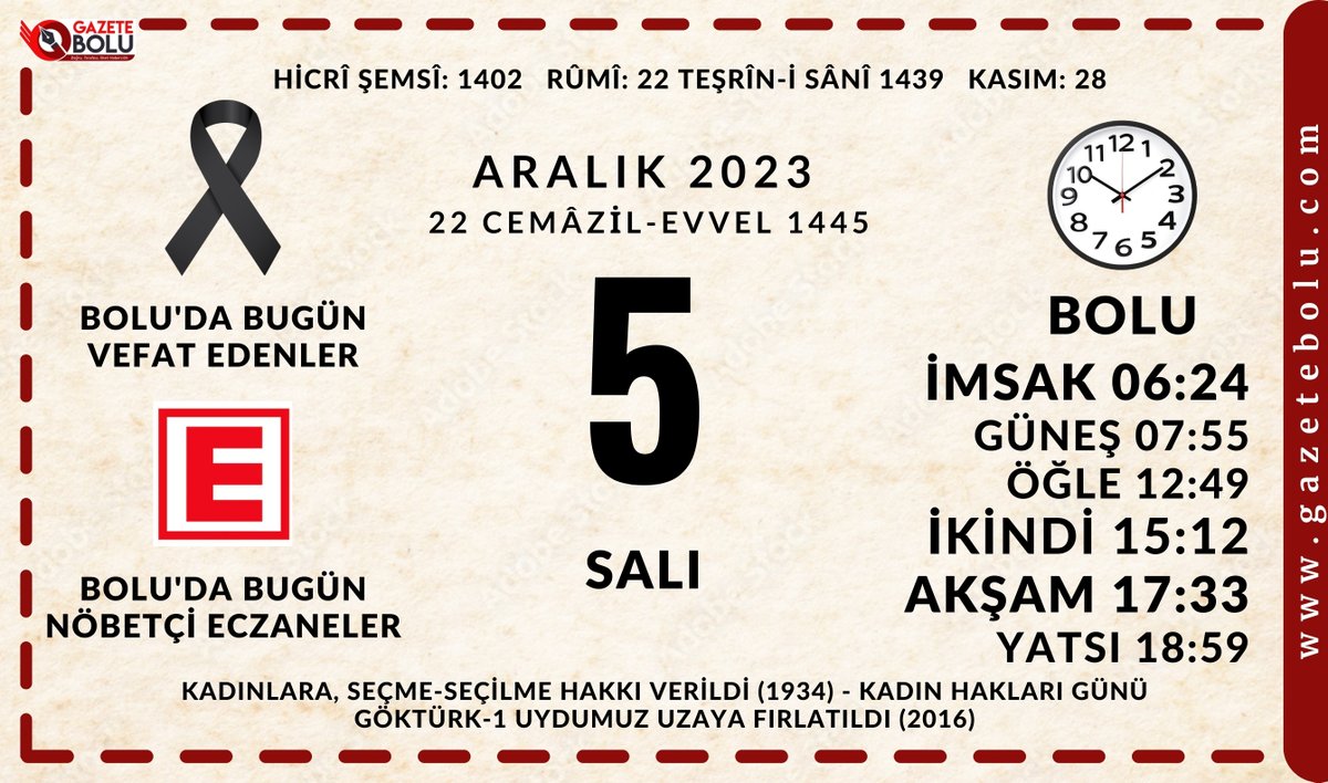 5 ARALIK 2023 - BOLU'DA BUGÜN VEFAT EDENLER / BOLU'DA BUGÜN NÖBETÇİ ECZANELER - Gazete Bolu gazetebolu.com/haber/68346/45…