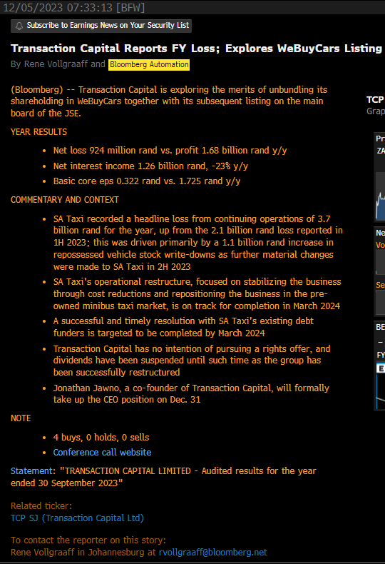 jc_louw's tweet photo. Transaction Capital [#TCP] Results

Jislaaik, SA Taxi losses...😳

*TRANSACTION CAPITAL SAYS EXPLORING SPIN-OFF OF WEBUYCARS STAKE
*NO INTENTION OR PURSUING A RIGHTS OFFER

$JSETCP #TransactionCapital #WeBuyCars
(Bloomberg) https://t.co/YEeWRZphjh