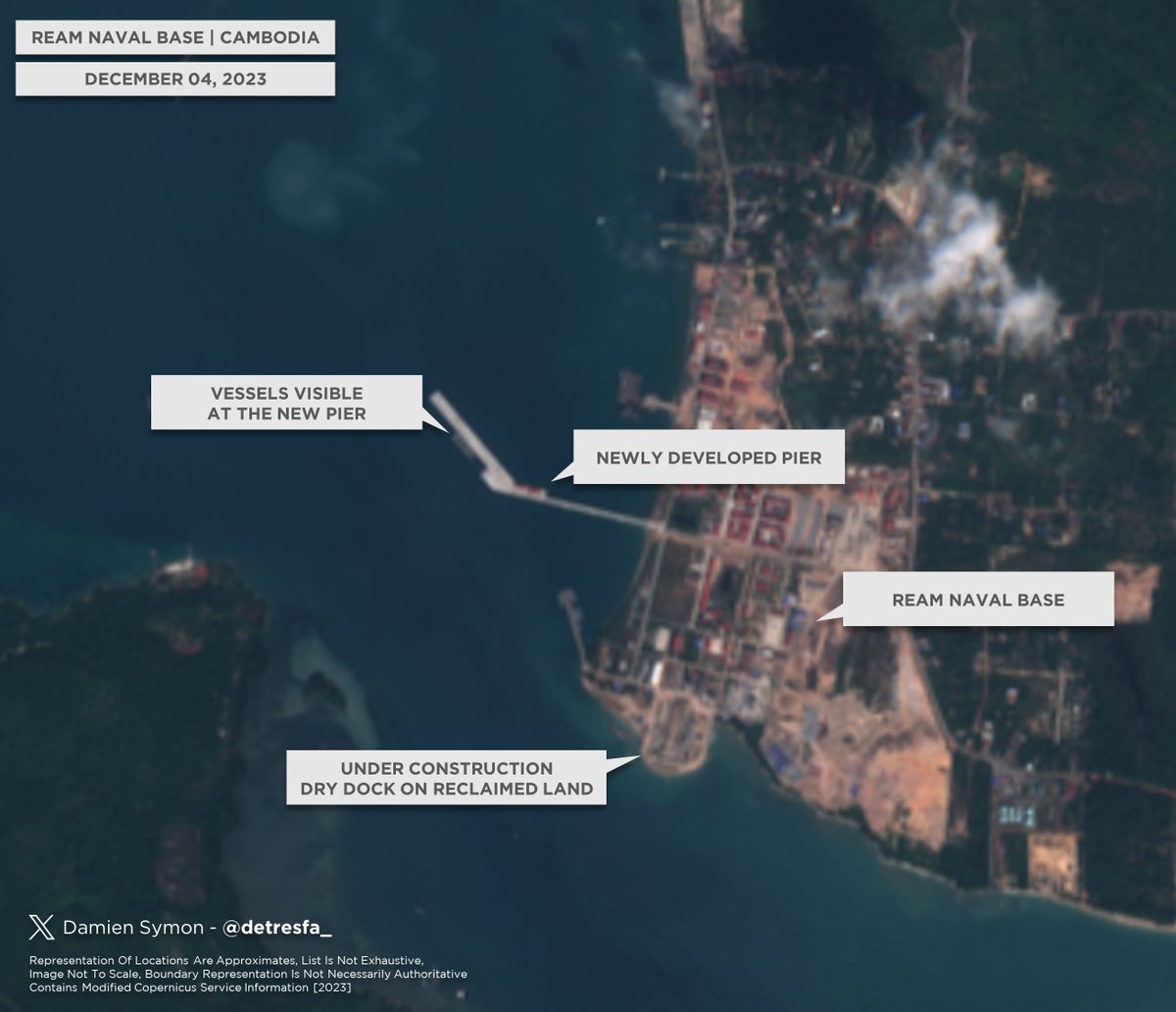 Modernized by China, the newly developed pier at Cambodia's Ream Naval Base is now operational, recent images show vessels berthing onsite !