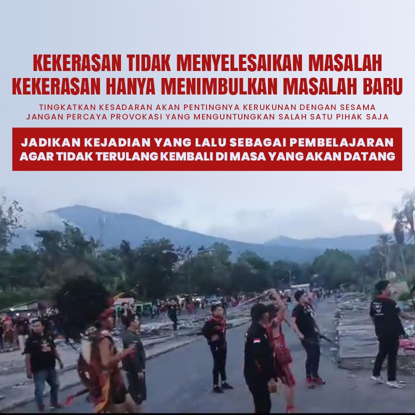 Kekerasan Tidak Menyelesaikan Masalah Tapi Sebaliknya Kekerasan Hanya Menimbulkan Masalah Baru Tingkatkan kesadaran akan pentingnya kerukunan dan toleransi antar sesama. Jangan terprovokasi oleh pihak-pihak yang menguntungkan sepihak