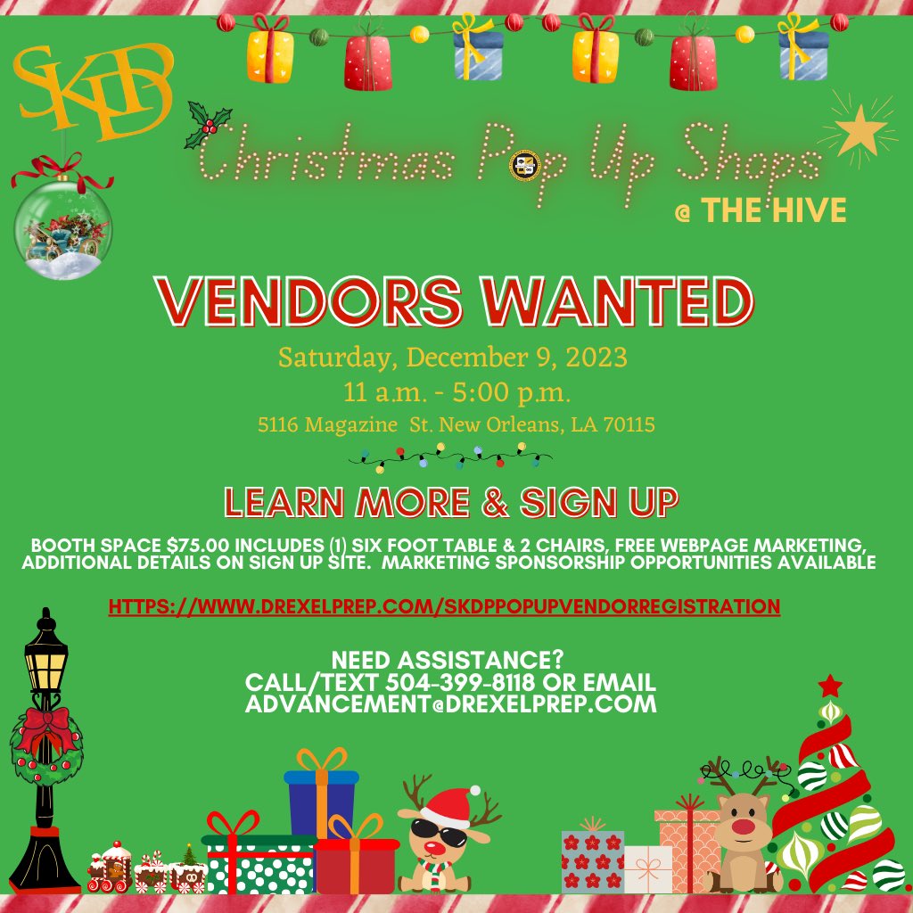SKDP Christmas Pop-Up Shops @ The Hive

Vendors Wanted!

Do you have your own business?
Do you know someone with their own business?

drexelprep.com/skdppopupvendo…
For all the vendor information, vendor registration starts @ $75

Please share!

Sponsorship opportunities available