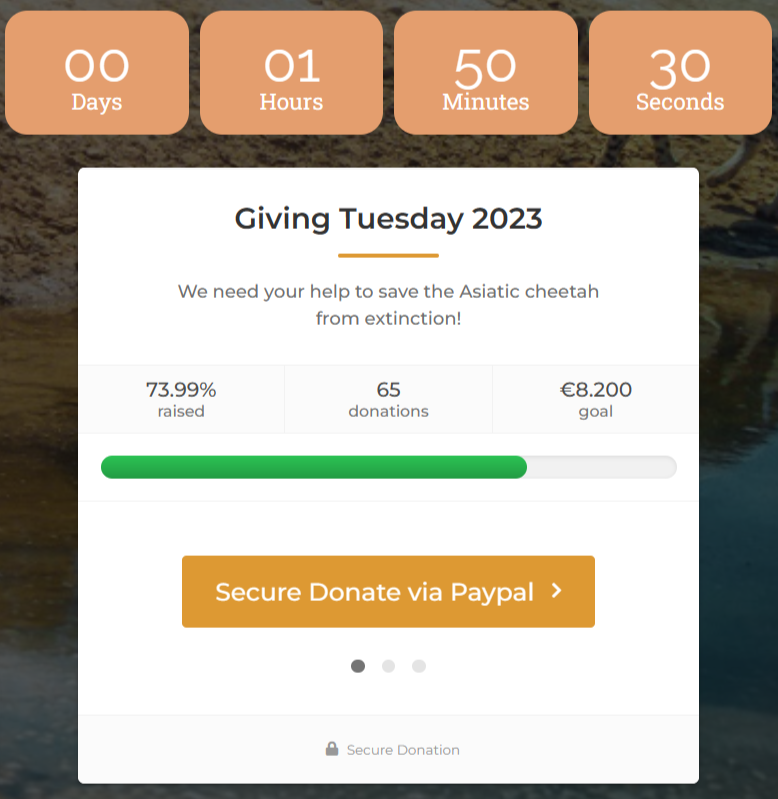 IranianCheetah's tweet photo. 💥1 Hour
💥50 Minutes
💥30 Seconds
✔ 73.99% Raised 😎 
☘Donate now at: https://t.co/dxNw65SgTx
 #savethecheetah #IntlCheetahDay https://t.co/1qVUbi2bMt