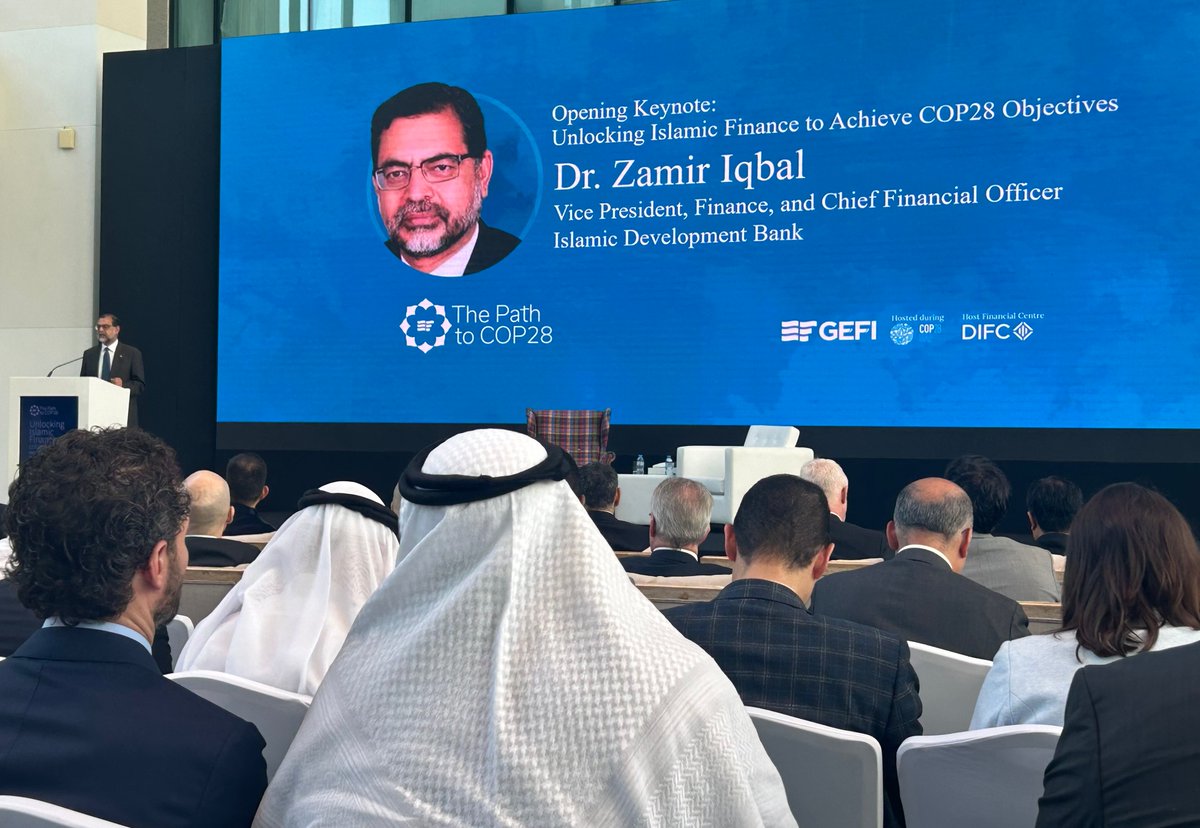 Finance4Change's tweet photo. Excellent start to the Unlocking Islamic Finance Summit from Dr Zamir Iqbal of @isdb_group, highlighting Islamic Finance's history of  a very strong advocacy for ethical and responsible finance

#PathtoCOP28 #IslamicFinance #COP28 https://t.co/waXzTKCieR