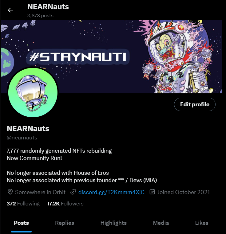 As we keep making changes to the project via the community, the community has voted to change our name from the NEARNauts to the NAUTS. In order to avoid any confusion, we will start out with twitter and discord. This will be pinned until further notice. This was our official...