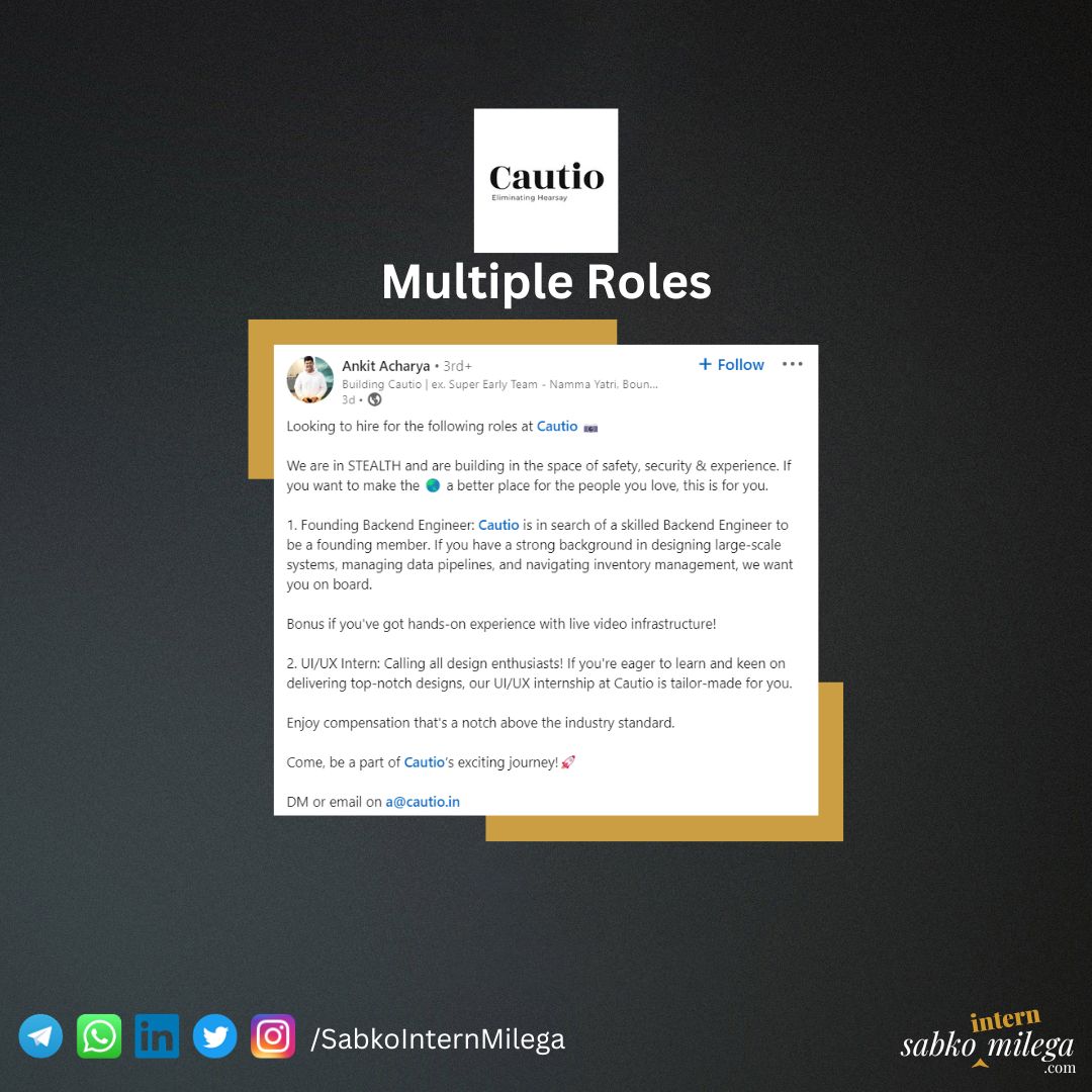 sabkointern's tweet photo. Cautio | Multiple Roles

Link in comment 👇

#internship #sabkointernmilega https://t.co/cquxWspX4p