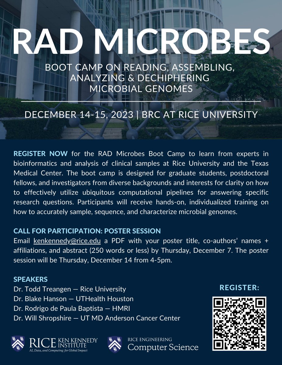 ricekenkennedy's tweet photo. #RiceU is offering hands-on training this Dec. 14-15 on reading, assembling, analyzing, and deciphering #MicrobialGenomes. Register now for the two-day RAD Microbes #BootCamp — early bird ticket sale ends tonight: https://t.co/Eeyha0yYkU. Posters accepted until Dec. 7. https://t.co/Jvz2ECsL4J