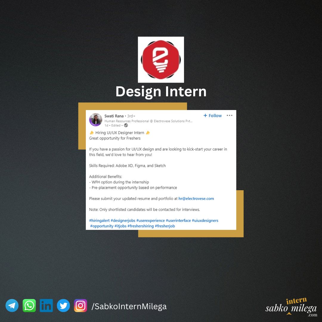 sabkointern's tweet photo. Electrovese Solutions | Design Intern

Link in comment 👇

#internship #sabkointernmilega https://t.co/f04xH4LMic