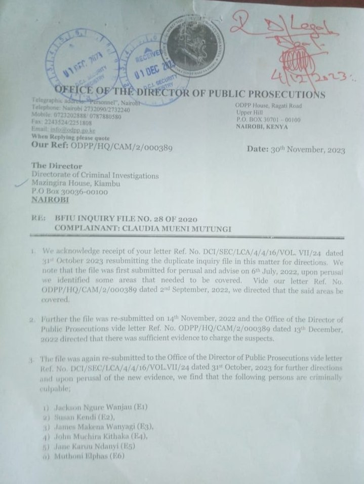 C_NyaKundiH's tweet photo. Controller of Budget Margaret Nyakango and 10 others are set to face charges including conspiracy to defraud, operating an unlicensed Sacco, forgery, and uttering a false document.

The arrest in Mombasa follows a 2016 complaint, predating Nyakango's tenure as CoB.

The charges were approved by the DPP on November 30, and Nyakango was trailed and arrested during a public event.

Efforts to apprehend the others are ongoing.

Nyakango, in office since June 2020, has been vocal about fiscal concerns, warning of potential challenges due to a weakening shilling and increased public debt.
