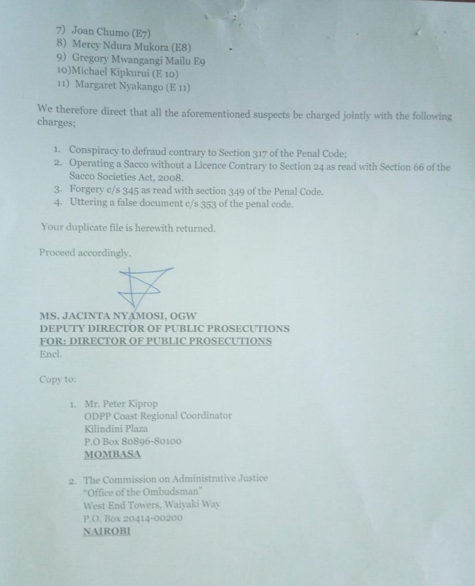 C_NyaKundiH's tweet photo. Controller of Budget Margaret Nyakango and 10 others are set to face charges including conspiracy to defraud, operating an unlicensed Sacco, forgery, and uttering a false document.

The arrest in Mombasa follows a 2016 complaint, predating Nyakango's tenure as CoB.

The charges were approved by the DPP on November 30, and Nyakango was trailed and arrested during a public event.

Efforts to apprehend the others are ongoing.

Nyakango, in office since June 2020, has been vocal about fiscal concerns, warning of potential challenges due to a weakening shilling and increased public debt.
