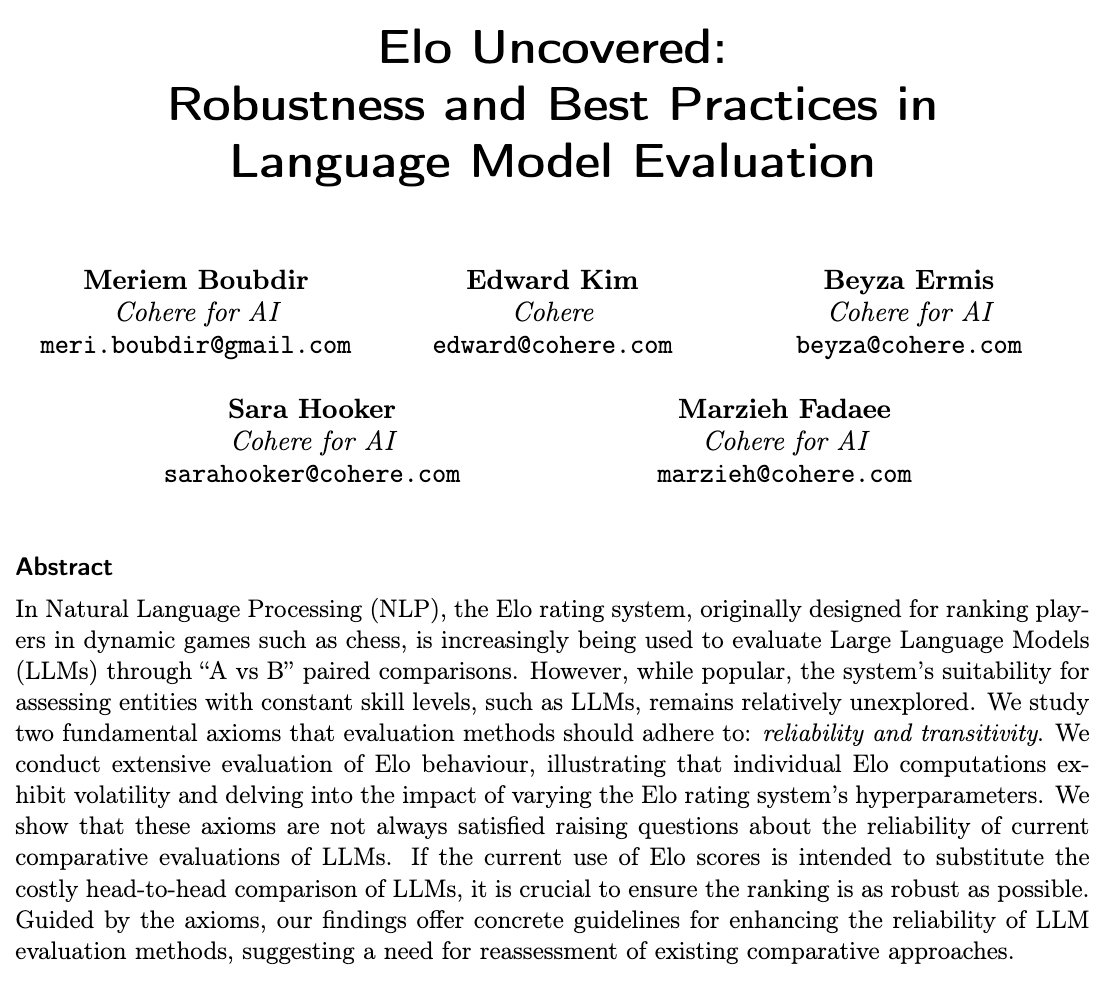 Meriem (@mellem_boo) on Twitter photo Excited to present our recent work at the GEM 💎Workshop, EMNLP 2023:
“Elo Uncovered: Robustness and Best Practices in Language Model Evaluation”
w/ <a href="/eddotman/">Edward Kim</a>, <a href="/beyzaermis/">Beyza Ermiş</a>, <a href="/sarahookr/">Sara Hooker</a>, <a href="/mziizm/">Marzieh Fadaee</a>
📃: arxiv.org/abs/2311.17295 Excited to present our recent work at the GEM 💎Workshop, EMNLP 2023:
“Elo Uncovered: Robustness and Best Practices in Language Model Evaluation”
w/ <a href="/eddotman/">Edward Kim</a>, <a href="/beyzaermis/">Beyza Ermiş</a>, <a href="/sarahookr/">Sara Hooker</a>, <a href="/mziizm/">Marzieh Fadaee</a>
📃: arxiv.org/abs/2311.17295