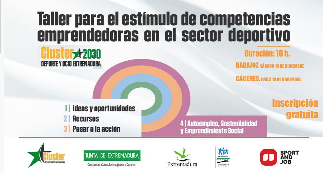 El  <a href="/ClusterDeporte/">Cluster Deporte y Ocio de Extremadura</a> organiza talleres para el estímulo de las competencias emprendedoras en el sector deportivo. 16/12/2023 en Badajoz y 18/12/2023 en Cáceres con marco EntreComp  y #autoempleo #sostenibilidad y #emprendimientosocial <a href="/EntreComp4T/">EntreComp4Transition</a>  clusterdeporteyocio.es