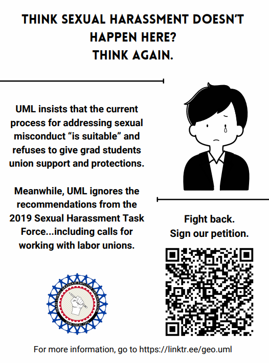 GEO_UML's tweet photo. We demand disability accommodations and we demand graduate workers’ right to file sexual harassment grievances through the union’s grievance and third-party arbitration procedure.

Sign the petition and call on the UML to meet our demands! https://t.co/Jm6S1HJmcf