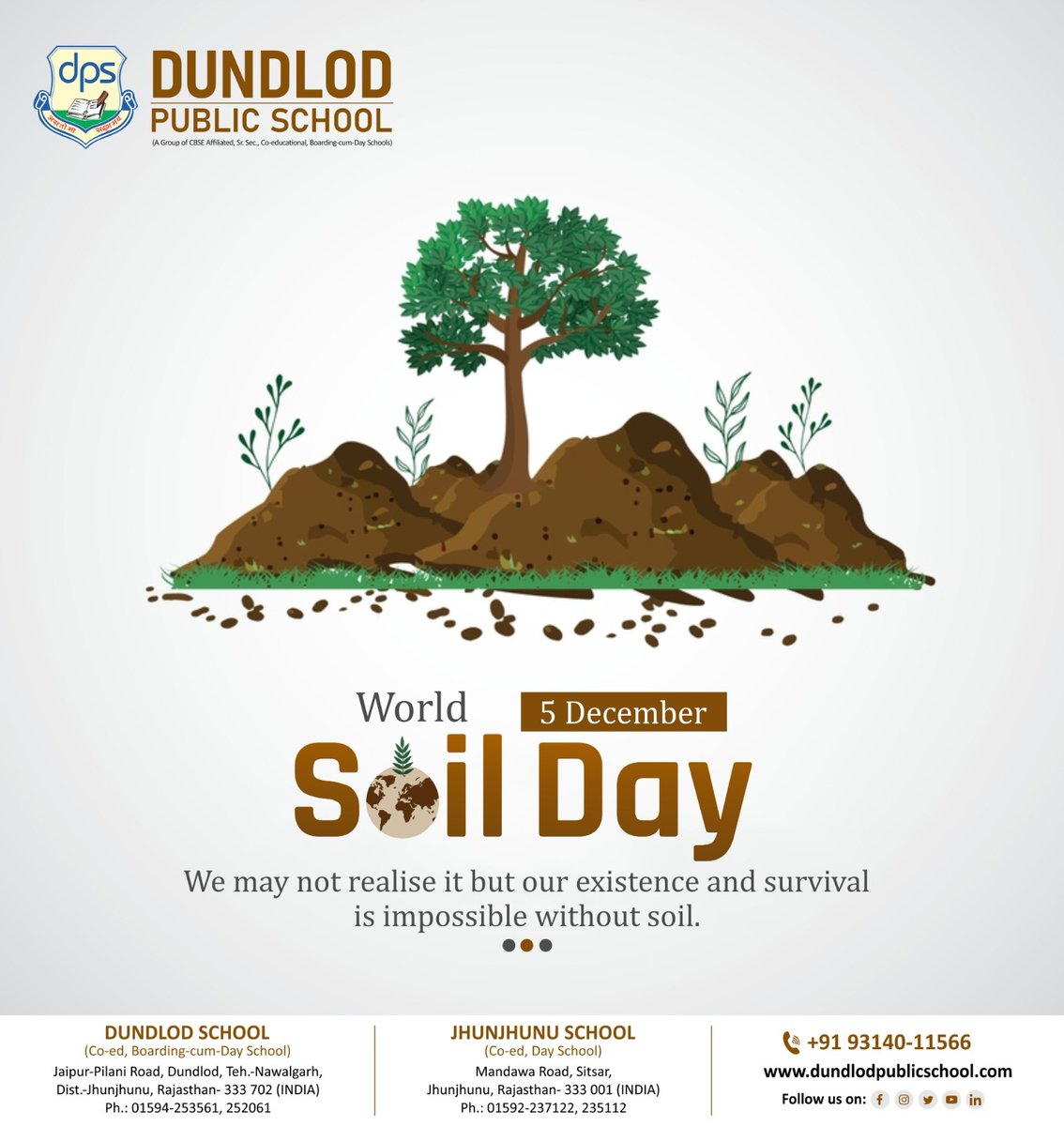 🌱 WORLD SOIL DAY 🌱

🌱🌍 Sometimes overlooked, yet utterly indispensable. Our very existence and survival hinge on the silent support of soil. 🌾🌿

#SoilSustainability #EssenceOfLife #CherishOurSoil #DundlodPublicSchool #DPS #DUNDLOD #Dundlod #DundlodGroupofSchool #SoilScience