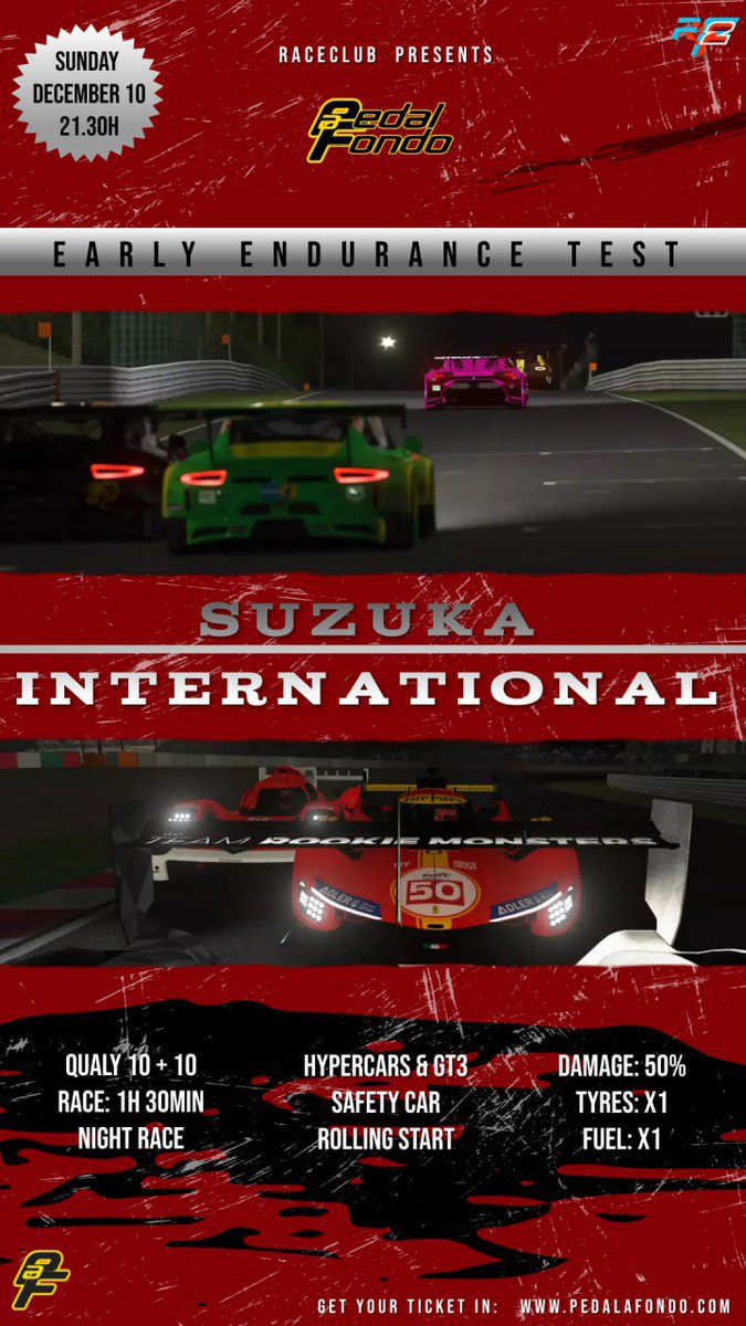 Este próximo domingo día 10 de diciembre, a partir de las 21.30h
 EARLY ENDURANCE TEST 
•Suzuka.
•Hypercars y GT3
•Qualy: 10’ + 10’
•Carrera: 90’

Formulario de Inscripciones disponible a partir de hoy Lunes a las 22:00h

#paf #rFactor2 #endurance
