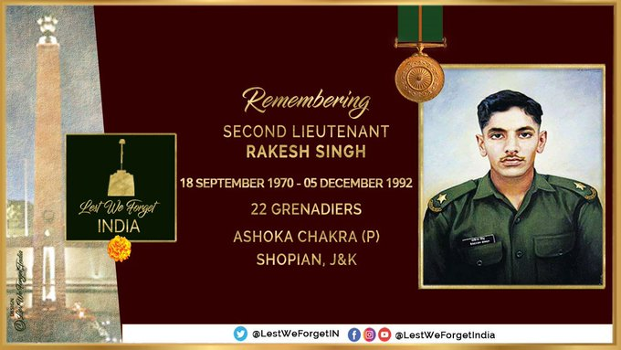 Let's pay homage to 2/Lt Rakesh Singh, #AshokaChakra (P), 22 GRENADIERS, who laid down his life in Shopian, J&K #OnThisDay 05 December in 1992. Remember his service and sacrifice for the nation.
#KnowYourHeroes
#Lionheart
@SrinagarGirl
@ErSahilBhat 
PC: @LestWeForgetIN