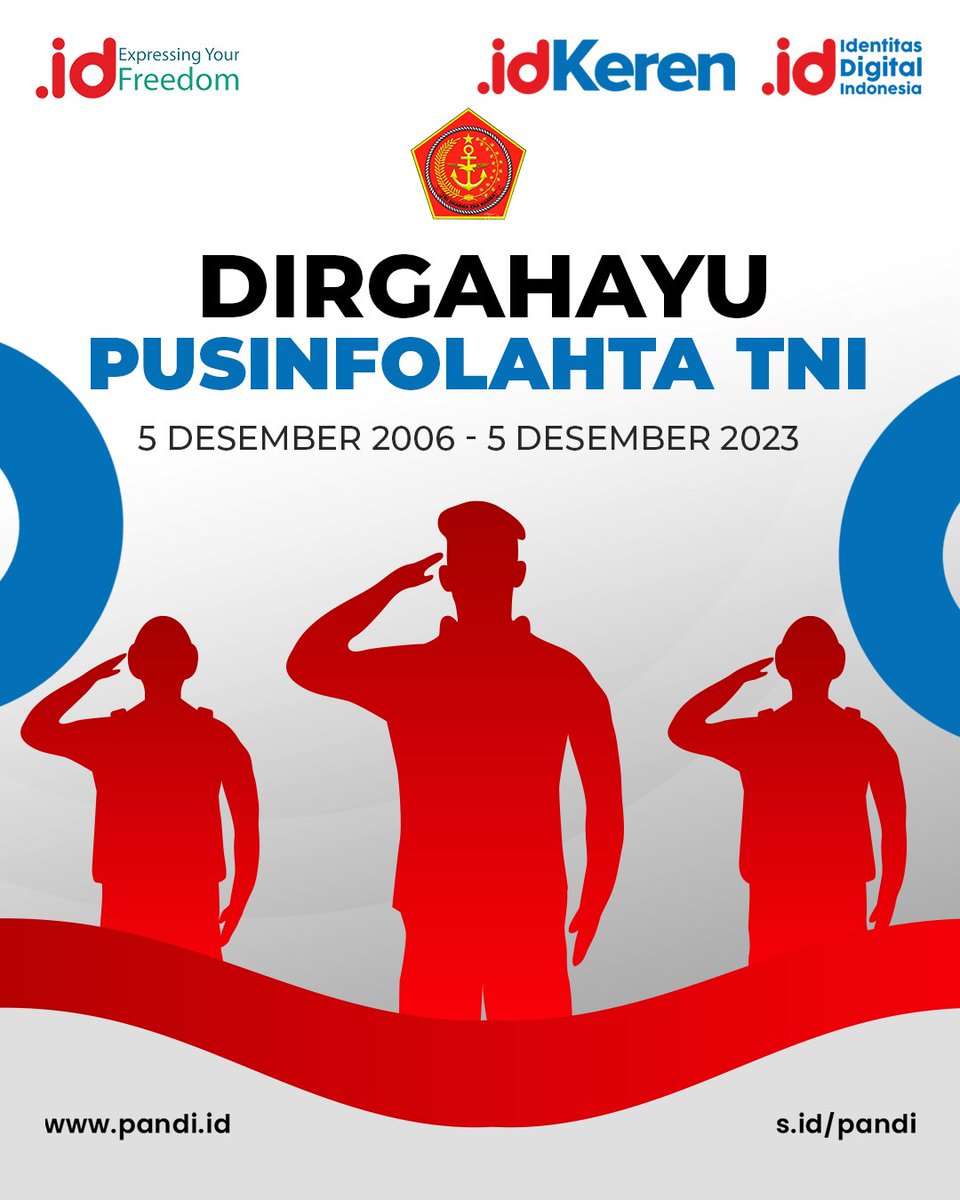 Pandi_ID's tweet image. Dirgahayu PUSINFOLAHTA TNI
5 Desember 2023

Teruslah memberikan yang terbaik bagi TNI, bangsa dan negara.

#PANDI 
#PusinfolahtaTNI
#DomainID
#IdentitasBangsa
#DomainIndonesia