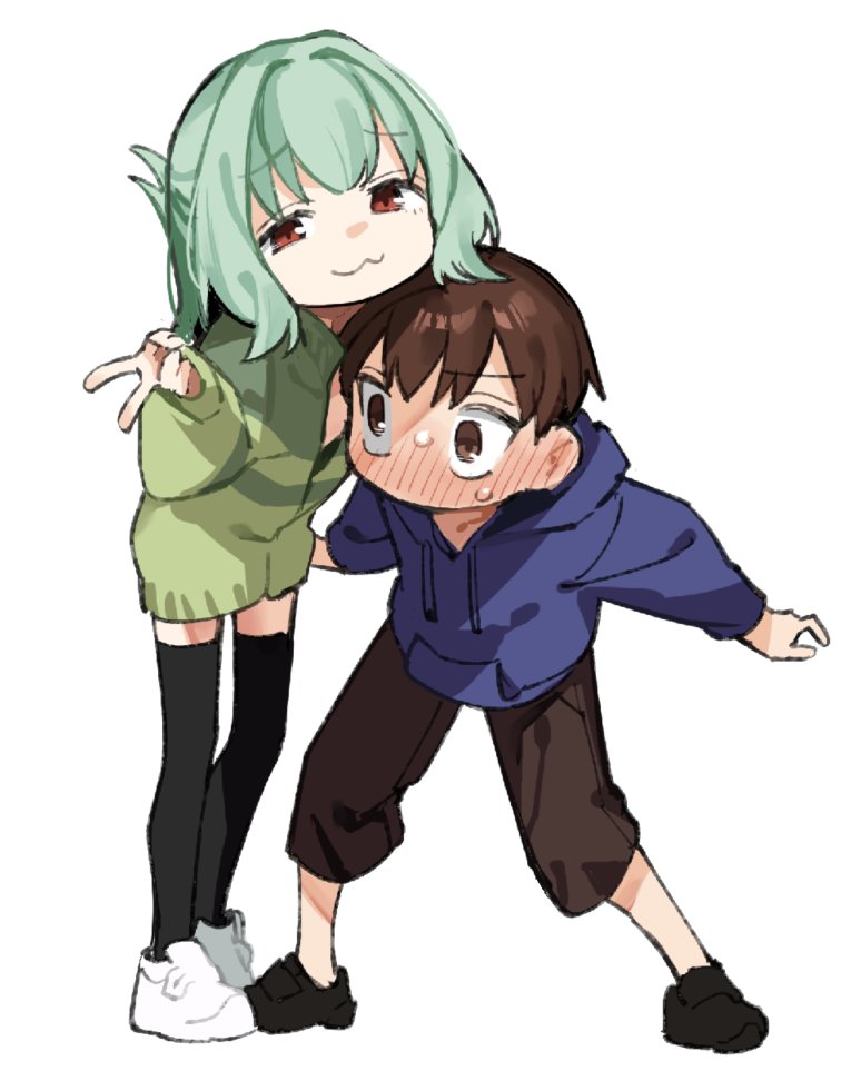 1girl 1boy thighhighs green hair hoodie blush :3  illustration images