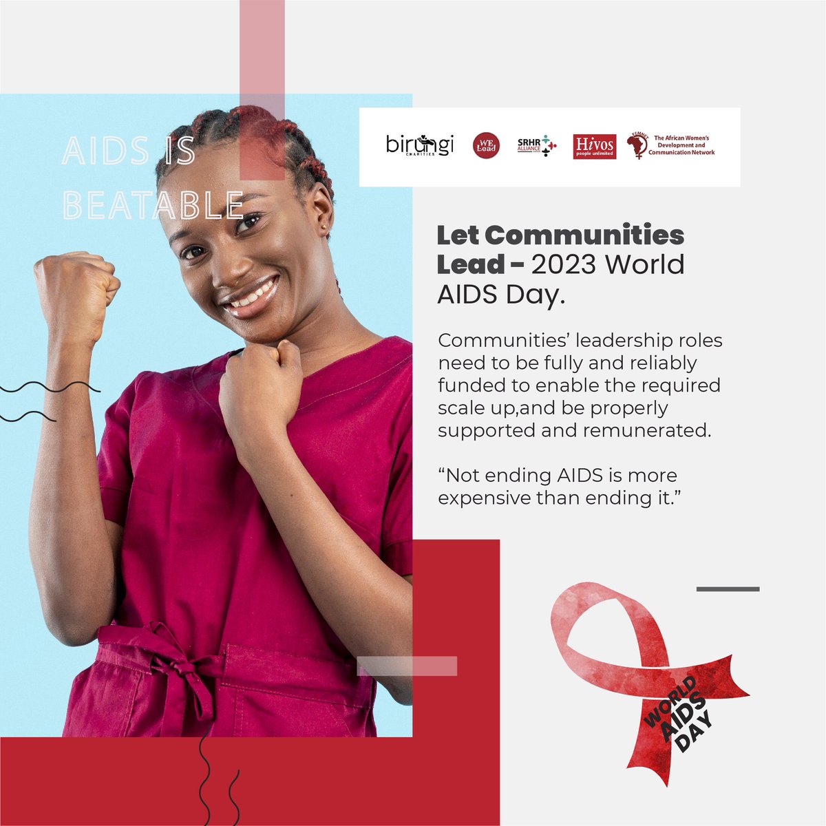 The world can end AIDS, with communities leading the way. Organisations of communities living with, at risk of, or affected by HIV are the frontline of progress in the HIV response.

#WorldAidsDay
#WorldsAidsDay2023  
#WeLeadOurSRHR