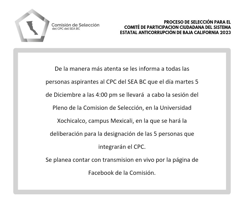 ComisionSEABC's tweet photo. ✅ Estamos por concluir el Proceso de designación de las 5 personas integrantes del CPC del Sistema Estatal #Anticorrupción #BajaCalifornia.
La Comisión de Selección sesionará mañana martes desde la Universidad Xochicalco campus Mexicali para deliberar. https://t.co/MpEFMZNQTB