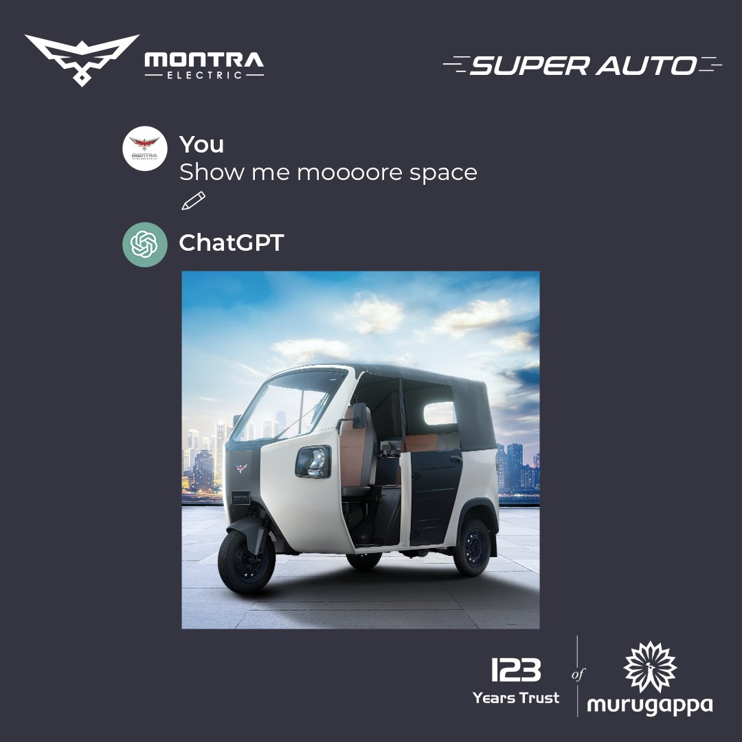 A super solution for when they say 'I need space' 🌌

#SuperSpacious #ChatGPT #EcoFriendly #ElectricAuto #Sustainable #SustainableEnvironment #Pollution #GoGreen #GoElectric #SuperAuto #MontraElectric