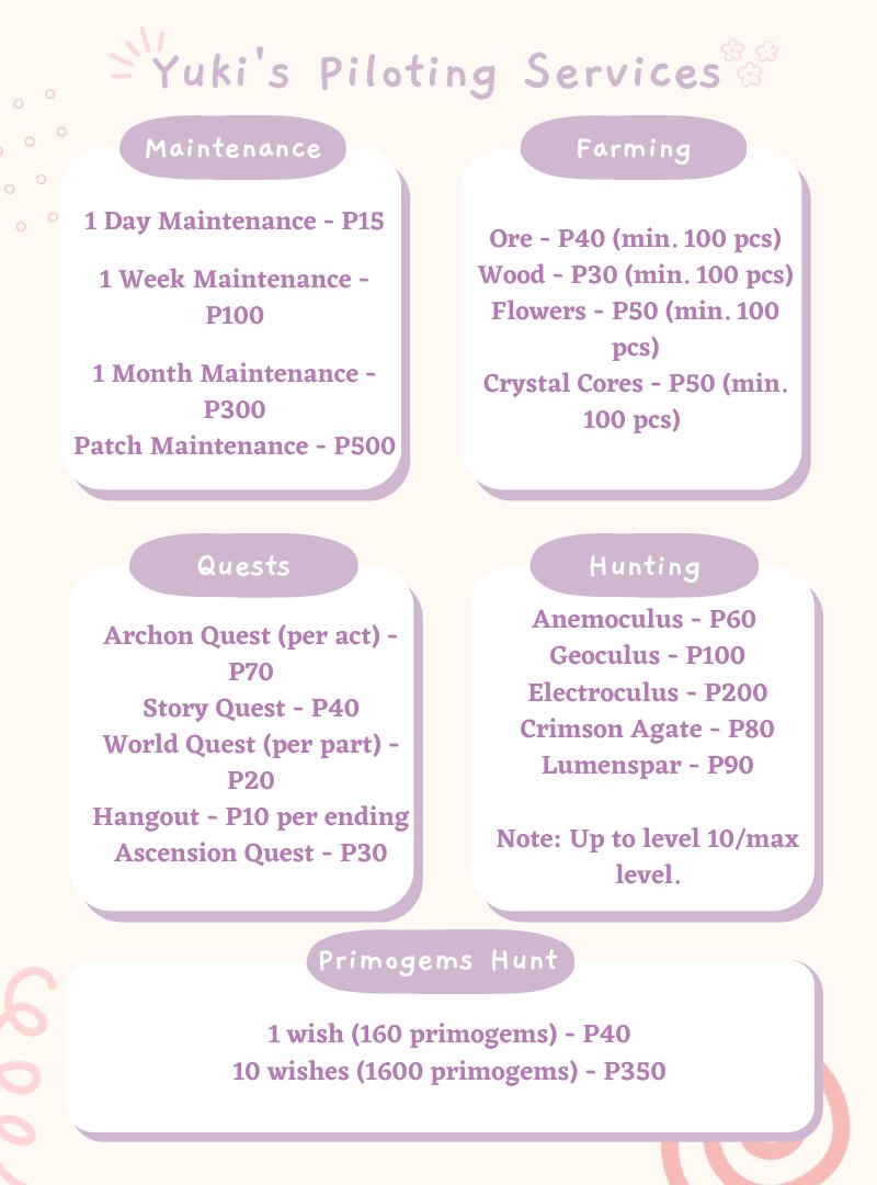 scarafloof's tweet image. good day, travelers! 

yuki's here to offer genshin piloting services to those who are experiencing a burnout and to those who don't have time to play ^_^  

feel free to send me a message in any of my social media accounts to avail my services!  

#genshintwt #genshinpilot