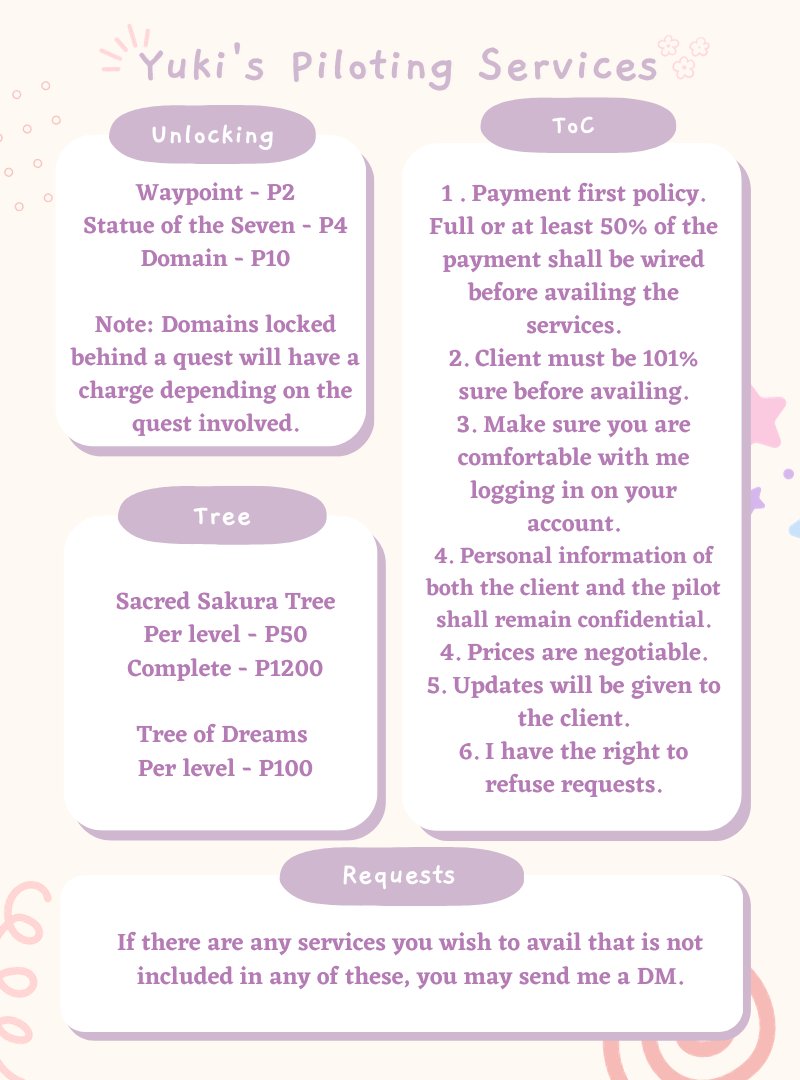 scarafloof's tweet image. good day, travelers! 

yuki's here to offer genshin piloting services to those who are experiencing a burnout and to those who don't have time to play ^_^  

feel free to send me a message in any of my social media accounts to avail my services!  

#genshintwt #genshinpilot