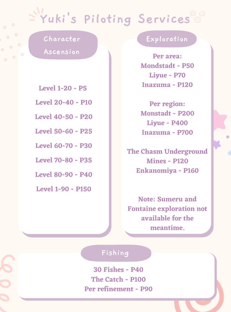 scarafloof's tweet image. good day, travelers! 

yuki's here to offer genshin piloting services to those who are experiencing a burnout and to those who don't have time to play ^_^  

feel free to send me a message in any of my social media accounts to avail my services!  

#genshintwt #genshinpilot