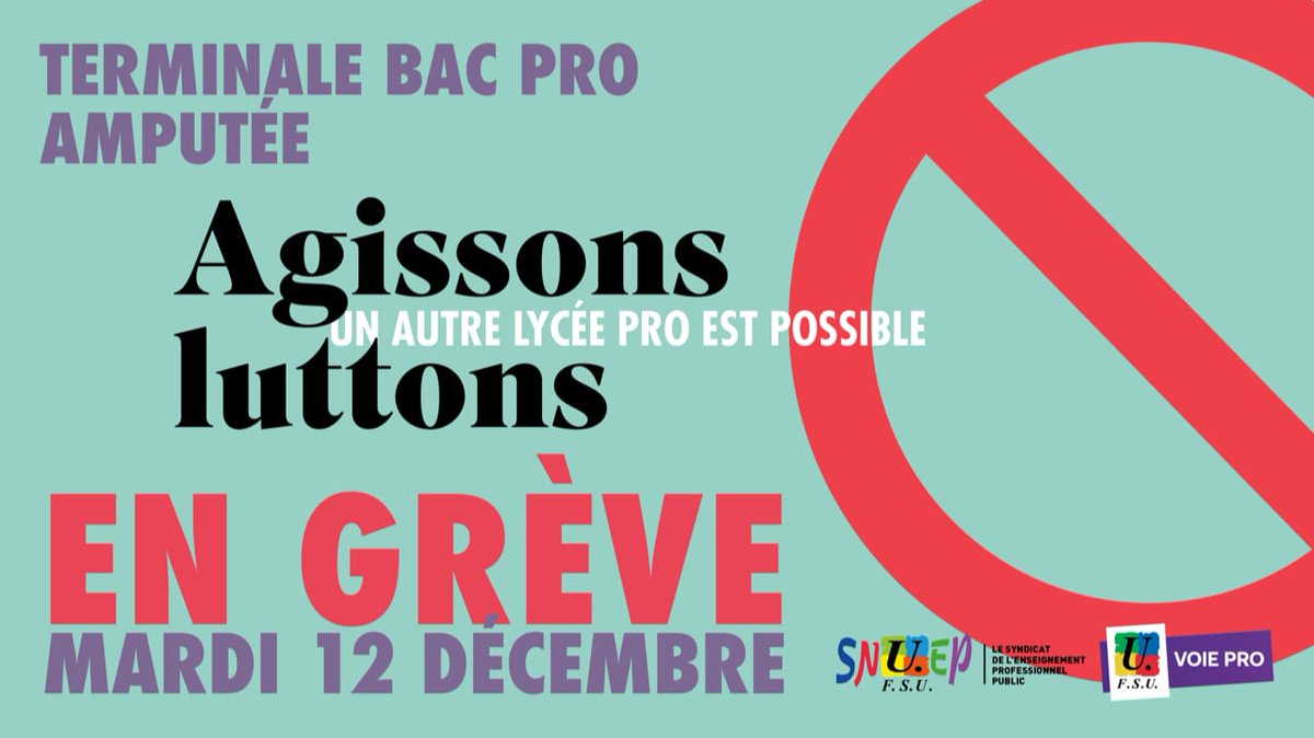 ✊ le #12décembre, soyons massivement en grève ! 
❌ Pour montrer notre refus du dépouillement de la classe de terminale, 
💡Pour défendre un autre projet pour nos élèves
📢 Pour faire entendre la voix des enseignants !
#lyceespros #sauvonsleslp #NousFaisonslEcole