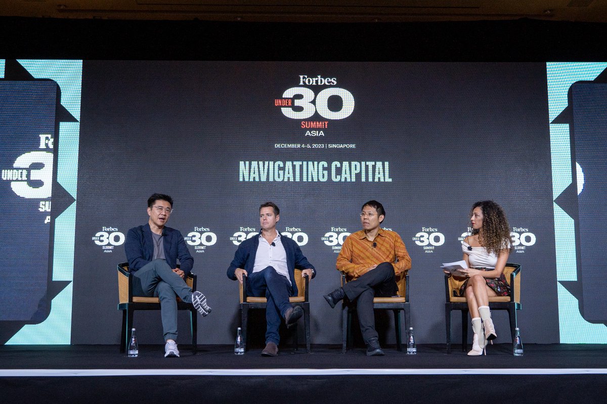 From left: Hian Goh of Openspace, David Gowdey of Jungle Ventures and Yinglan Tan of Insignia Ventures Partners on a panel with Forbes Asia special projects director Rana Wehbe Watson about navigating capital amid a tougher VC landscape at the Forbes #Under30Summit Asia 2023.