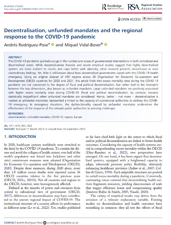 "#Decentralisation, unfunded mandates and the regional response to the #COVID19 pandemic," written with <a href="/vidalbo/">Miquel Vidal Bover</a>, hot off the press in <a href="/RegionalStudies/">Regional Studies - @regionalstudies.bsky.social</a>.
doi.org/10.1080/003434…
#OpenAccess