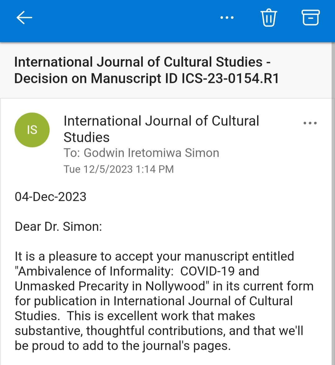 Godwin Simon (@godwin_simon1) on Twitter photo It was a quite challenging process of revision, but I'm glad this article has been accepted by the <a href="/IJCS_journal/">International Journal of Cultural Studies</a>. Many thanks to Issue Editor, Anna Cristina Pertierra and the two fantastic reviewers for their helpful feedback. OUT SOON!!! It was a quite challenging process of revision, but I'm glad this article has been accepted by the <a href="/IJCS_journal/">International Journal of Cultural Studies</a>. Many thanks to Issue Editor, Anna Cristina Pertierra and the two fantastic reviewers for their helpful feedback. OUT SOON!!!