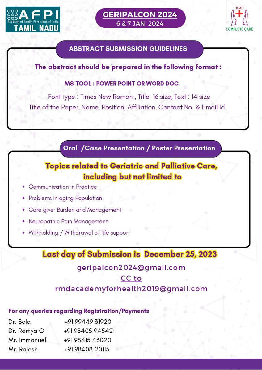 iapcsecretary's tweet image. Abstract submissions and registrations invited for GERIPALCON 2024.

#conference #palliativecare #abstractsubmissions #GeriatricCare