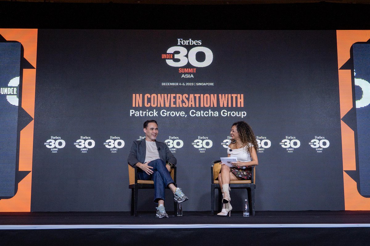 ForbesAsia's tweet photo. "You have to make sure that you are the right person to solve this problem. I might identify 100 problems, but I'm not the right entrepreneur to solve 99% of them," said Catcha Group's Patrick Grove (left) during a keynote interview at the Forbes #Under30Summit Asia 2023. https://t.co/a0MSb1pLrm