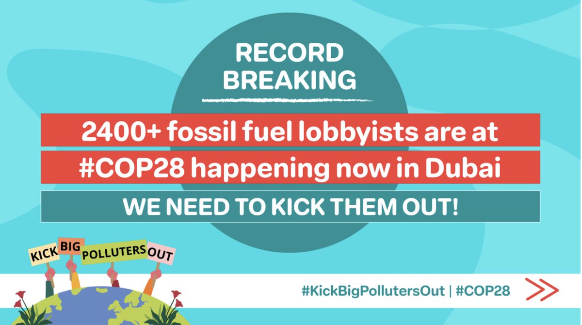 ⚡ BREAKING: A record breaking number of fossil fuel lobbyists are at #COP28. At least 2400 lobbyists are in Dubai to promote fossil fuels — almost a 400% increase from last year. 🧵thread below, which puts this shocking number into perspective: