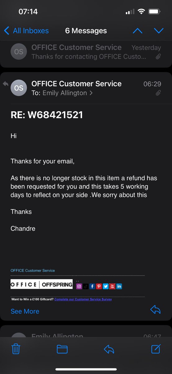 emilyallington's tweet photo. @OfficeShoes my parcel has been ‘lost’ (by Yodel) for over a week and this is your response. To make it worse, the product IS still in stock, it’s just back to full price! Poor customer service. https://t.co/23dlxlb4zh