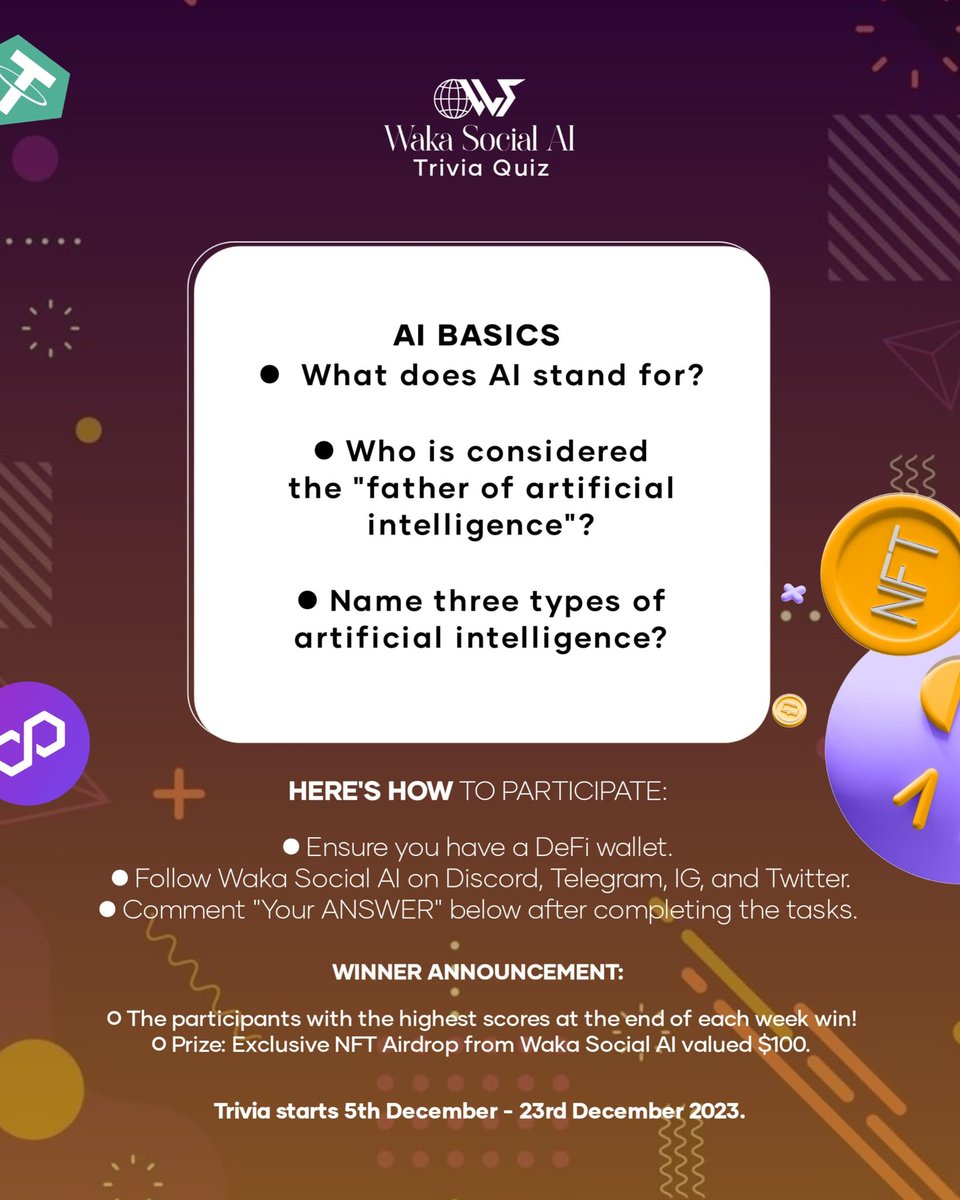 WakaSocial_AI's tweet photo. Introducing; Waka Social AI (Trivia Quiz) 🧠 

(See questions in Graphics) 👇

Here's how to participate: 

1️⃣ Ensure you have a DeFi wallet. 
2️⃣ Follow Waka Social AI on Discord, Telegram, IG, and Twitter. 
3️⃣ Comment "Your ANSWERS" below after completing the tasks. 

#WAT #NFT https://t.co/Cyi51wWC7X