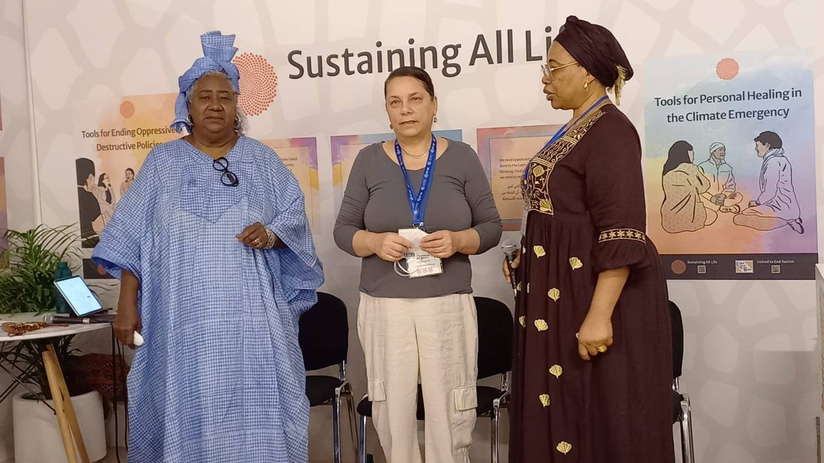 SustainAllLife's tweet photo. 💪Powerful voices, united for change. Barbara Love and Chioma Okonkwo leading, with Iman Awadh interpreting into Arabic at 'Healing the Trauma of the Climate Crisis' during COP28.
Together, we heal, we rise.🤝
#SustainingAllLife #UnitedtoEndRacism #ClimateLeaders #COP28Moments https://t.co/l94XvQ9C4c