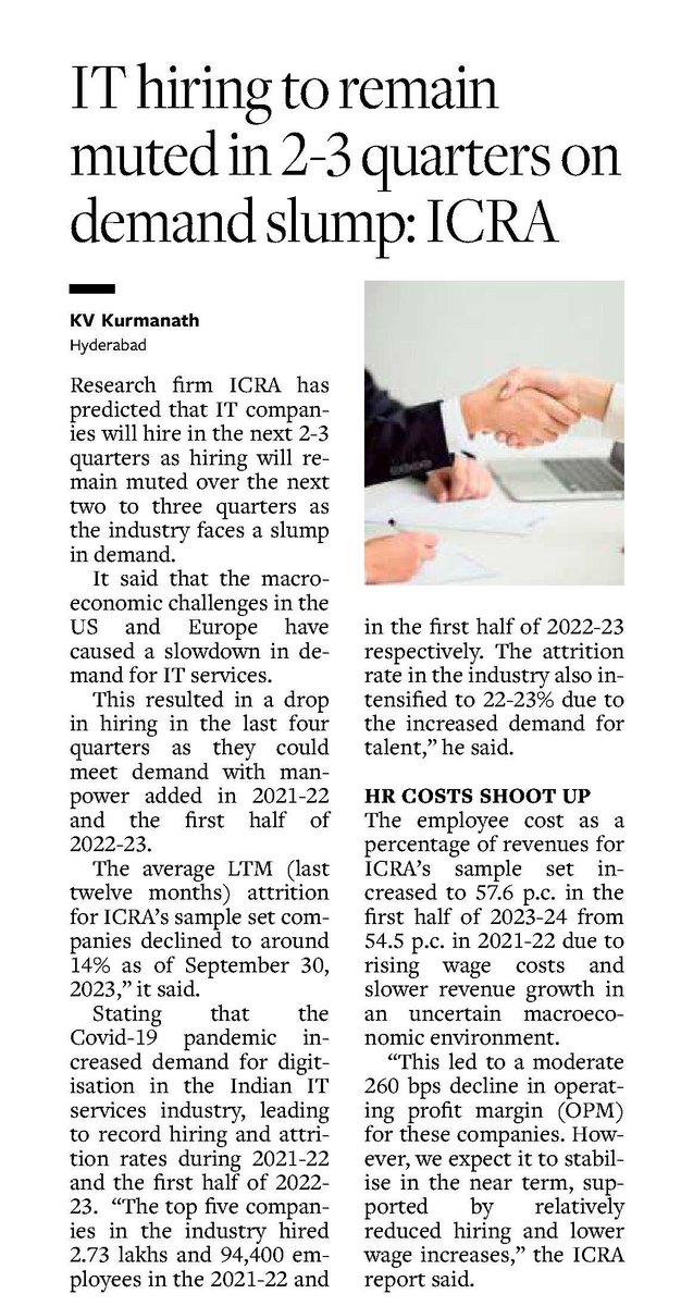 ICRALimited's tweet photo. ICRA expects the Indian #IT service Industry Hiring to remain muted over the next two-three quarters amid slowing growth.

Read @businessline  story on: https://t.co/YLvBLd9HH4.

#ICRA #ICRAInNews #ICRAViews #IT #service #hiring https://t.co/JCELBExjYT