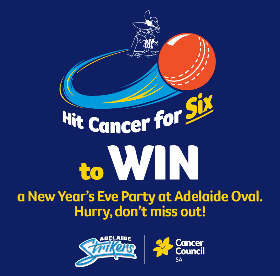 Adelaide Strikers (@strikersbbl) on Twitter photo Want to win a New Year’s Eve Party at Adelaide Oval for 12 people?
To go into the draw, help us Hit Cancer for Six and donate to <a href="/CancerCouncilSA/">Cancer Council SA</a> today! Donate now: hitcancerforsix.org.au
#OurCityOurTeam Want to win a New Year’s Eve Party at Adelaide Oval for 12 people?
To go into the draw, help us Hit Cancer for Six and donate to <a href="/CancerCouncilSA/">Cancer Council SA</a> today! Donate now: hitcancerforsix.org.au
#OurCityOurTeam