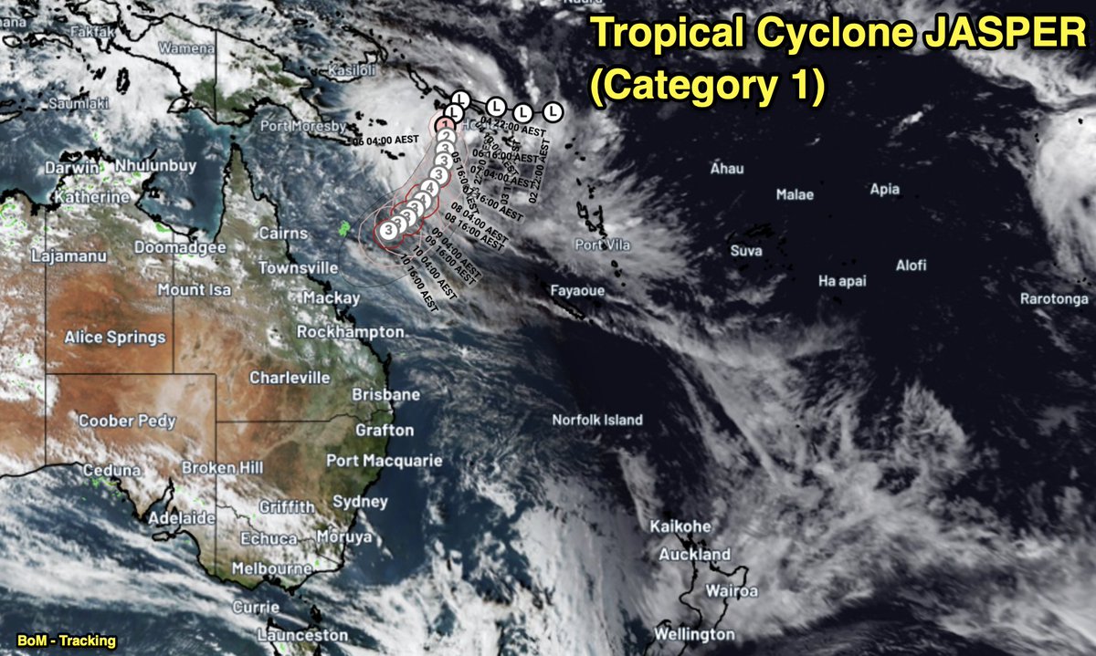 WeatherWatchNZ's tweet photo. 🚨🌀#BreakingNews: Category1️⃣Tropical #CycloneJASPER forms over the #SolomonSea.
#Jasper is expected to reach at least Severe Category 4 strength over the #CoralSea later this week, then - hopefully - weaken as it moves into #Queensland next week (not locked in still). https://t.co/JrdrPx3PqS