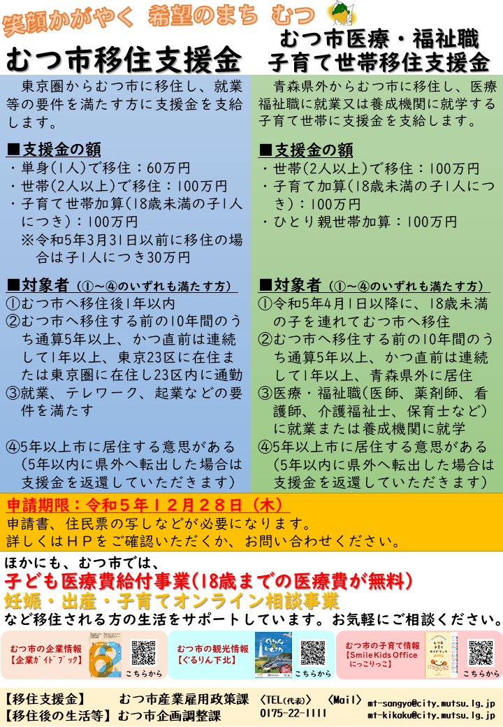 mutsukoho's tweet photo. 【むつ市移住支援金】
東京圏から移住し就業等の要件を満たす方、または県外から移住し医療・福祉職に就業もしくは養成機関に就学する子育て世帯に支援金を支給します。
申請は12月28日までです。

・移住支援金
https://t.co/oHPQQTuWTQ
・医療・福祉職子育て世帯移住支援金
https://t.co/riCODgYaRr https://t.co/UYpmEXH2xM